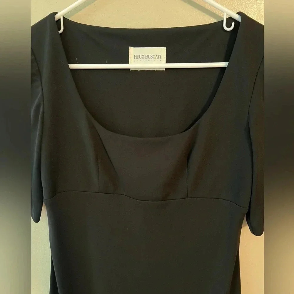 Hugo Buscati Dress Black Elegant Short Sleeve Knee Midi Length Medium Party